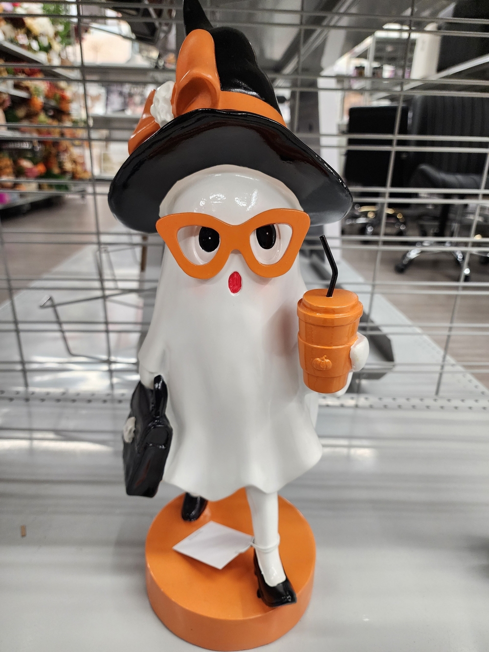 Chic Halloween Ghost Figurine With Coffee Cup  Orange and Black -
